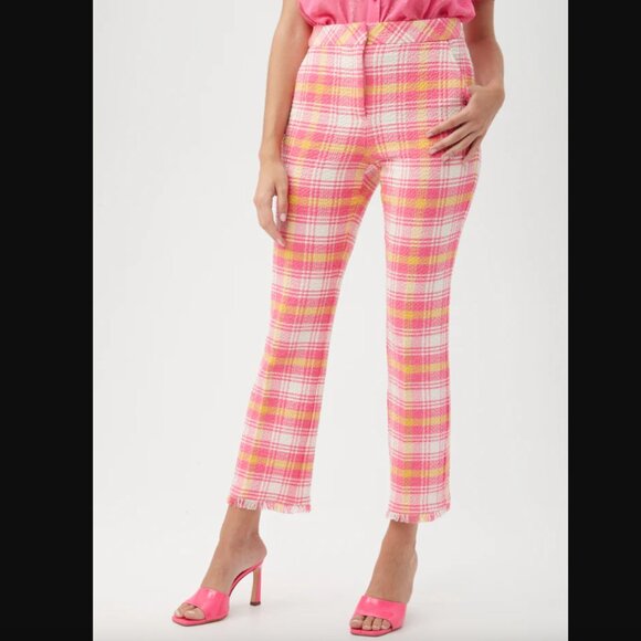 Trina Turk Lulu Pink Yellow White Plaid Tweed Fringe Pants 0 - Picture 1 of 9